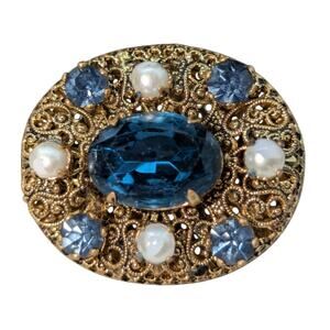 Vintage Ornate Filigree Blue Glass Stone Rhinestone Faux Pearl Gold Tone Brooch